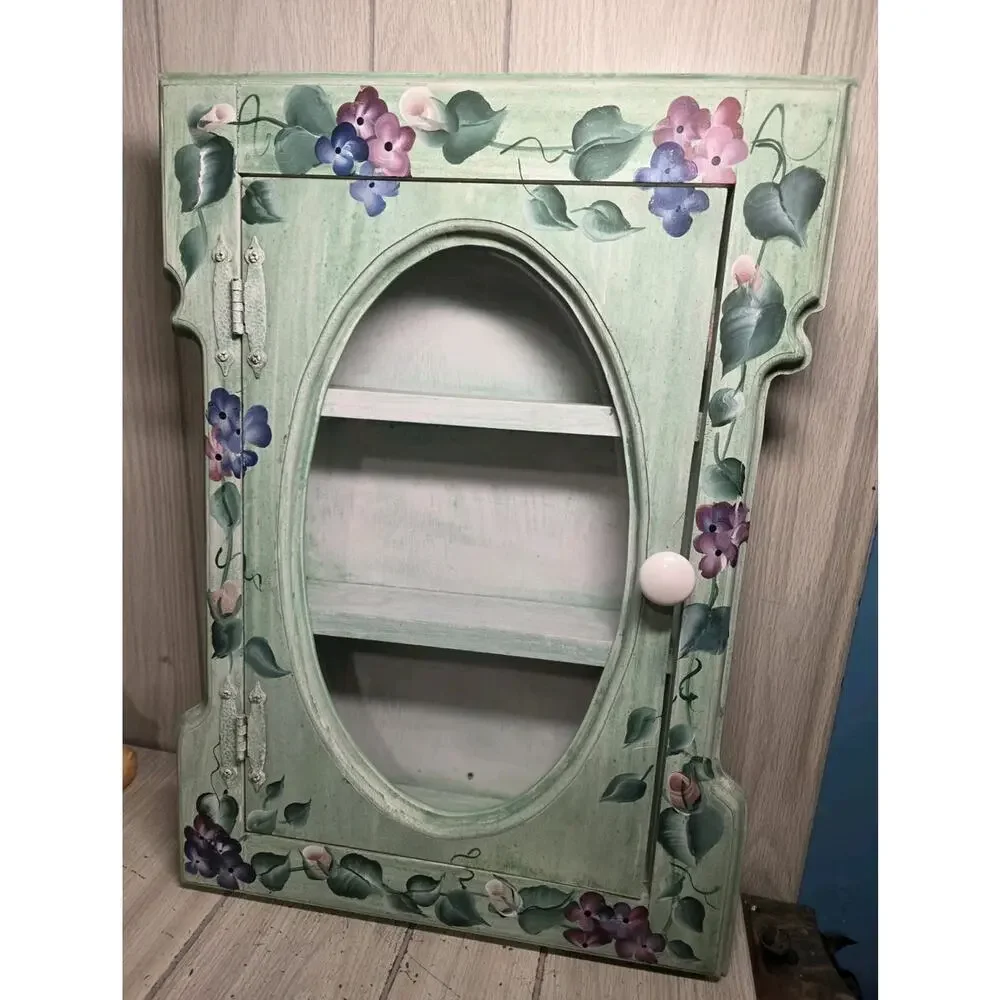 Vtg Hand Painted Floral Curio Display Cabinet Miniatures Farmhouse Cottagecore